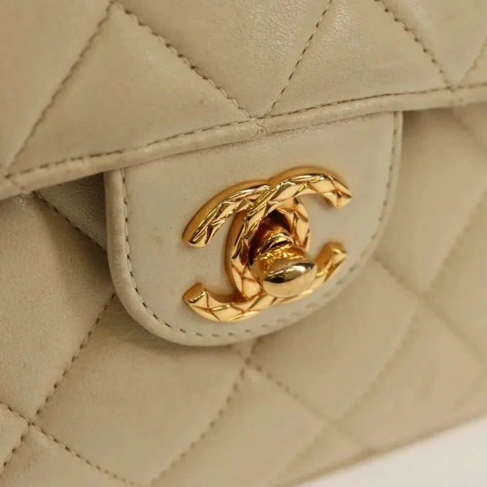 CHANEL Matelasse Chain Shoulder Bag Lamb Skin Ivory Gold CC Auth 154054V - Picture 13 of 16